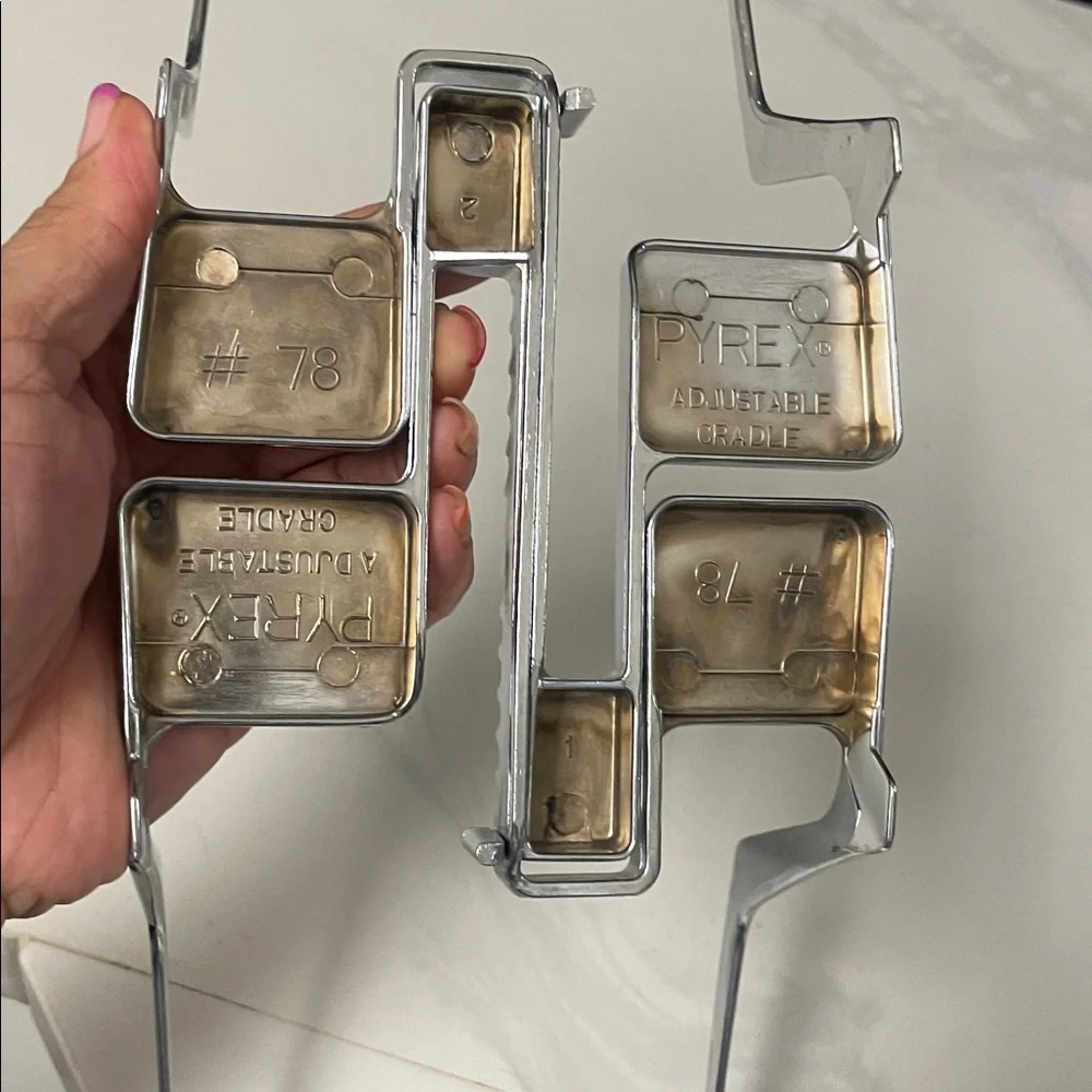 VTG Pyrex Brass Metal Adjustable Casserole Cradle Trivet Handles Carrier